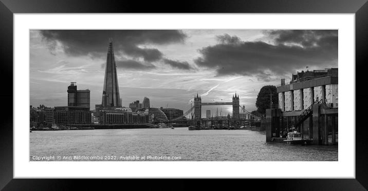The shard and tower bridge from on the river Thames Framed Mounted Print by Ann Biddlecombe
