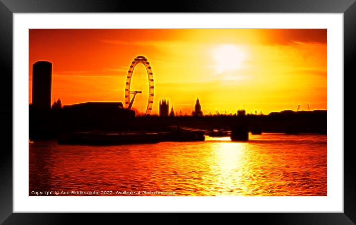 London Eye cityscape with flame effect Framed Mounted Print by Ann Biddlecombe