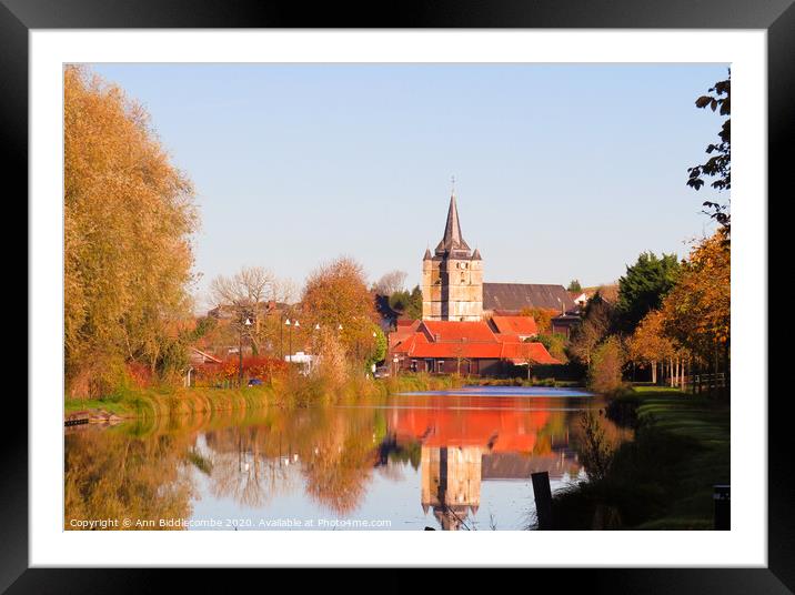 Cappy church reflections on the canal Framed Mounted Print by Ann Biddlecombe