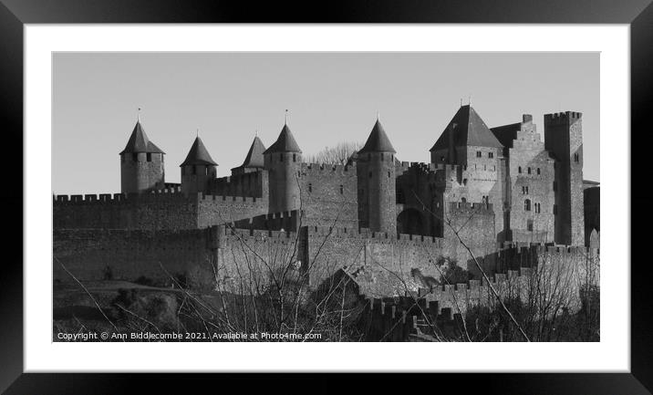 The Medieval Town of  Carcassonne in Black and Whi Framed Mounted Print by Ann Biddlecombe