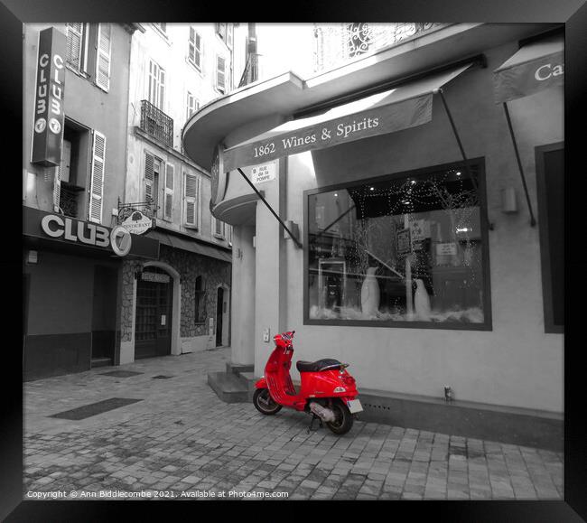Red Vespa in Cannes Framed Print by Ann Biddlecombe