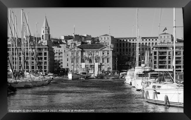 Monochrome of the Old Port of Marseille  Framed Print by Ann Biddlecombe