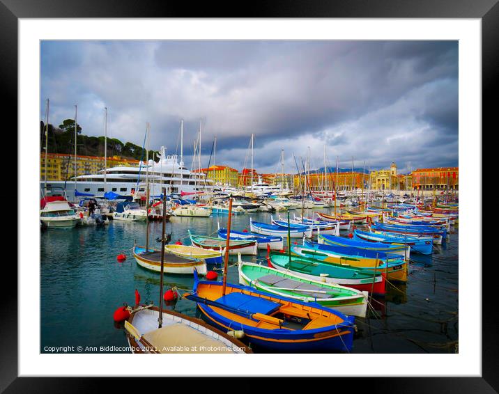Pretty colorful boats in Nice marina Framed Mounted Print by Ann Biddlecombe