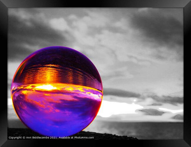 Sunset in a sphere Framed Print by Ann Biddlecombe