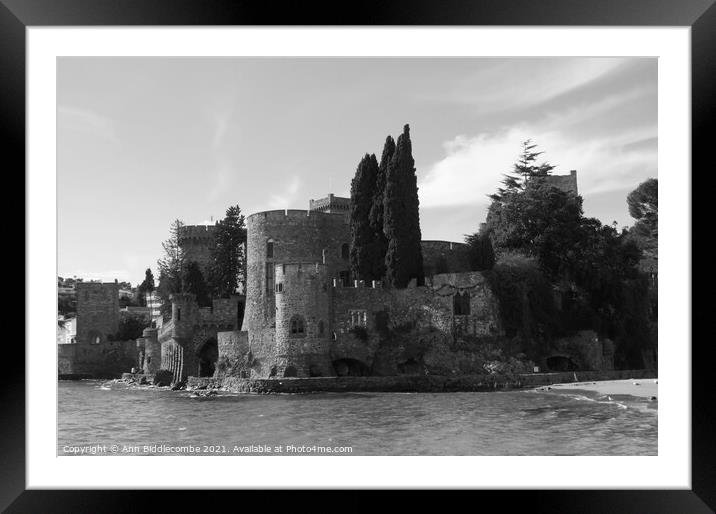 A view of the Chateau from the beach in monochrome Framed Mounted Print by Ann Biddlecombe