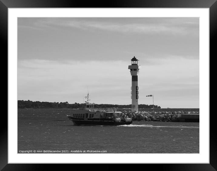 Cannes ferry to the islands in monochrome Framed Mounted Print by Ann Biddlecombe