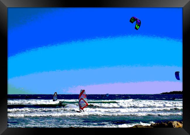 Posterized Windsurfers and Kite surfers  at Palm B Framed Print by Ann Biddlecombe