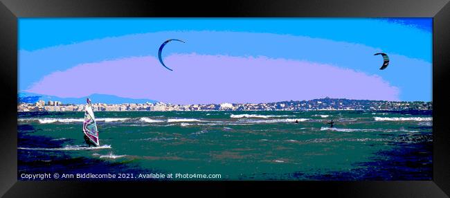 Posterized Windsurfers and Kite surfers  in Cannes Framed Print by Ann Biddlecombe