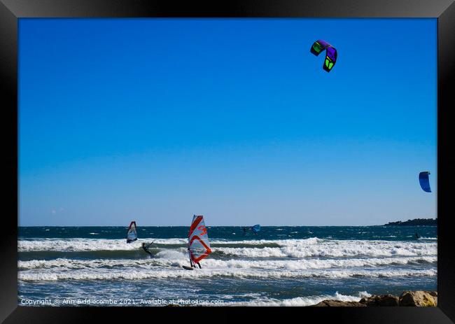  Windsurfers and Kite surfers  at Palm Beach Framed Print by Ann Biddlecombe