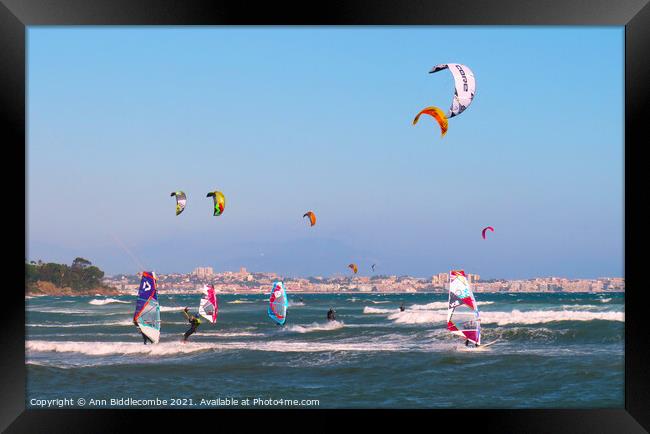 Windsurfers and Kite surfers on Palm Beach Framed Print by Ann Biddlecombe