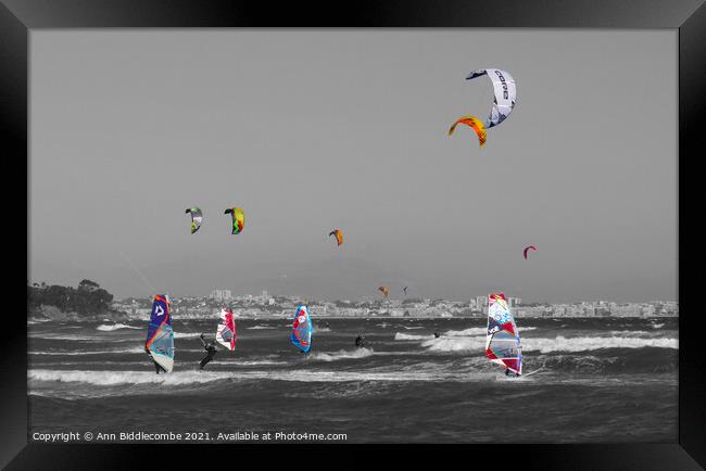 Windsurfers and Kite surfers on Palm Beach with selective colors Framed Print by Ann Biddlecombe