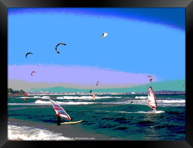 Posterized windsurfers and kite surfers on Palm be Framed Print by Ann Biddlecombe