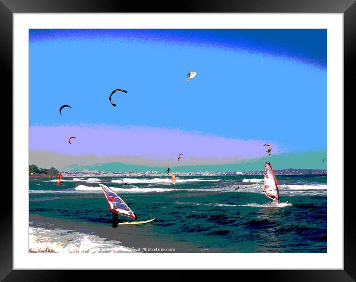 Posterized windsurfers and kite surfers on Palm be Framed Mounted Print by Ann Biddlecombe