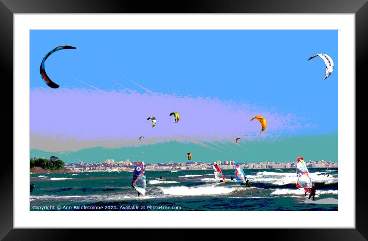 Posterized windsurfers and kite surfers  Framed Mounted Print by Ann Biddlecombe