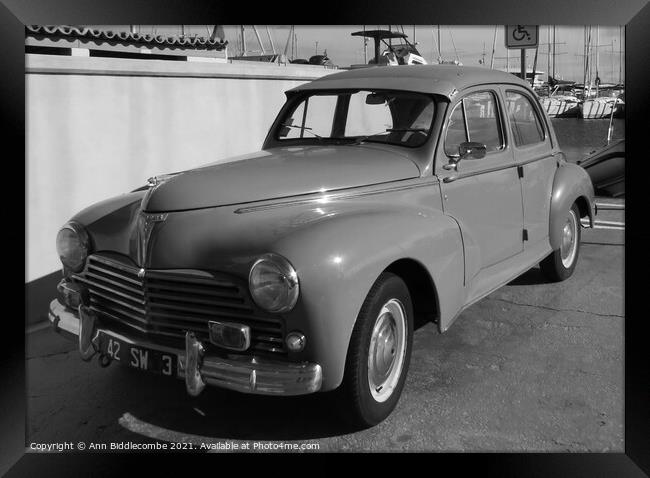 Peugeot 203 side view in monochrome Framed Print by Ann Biddlecombe