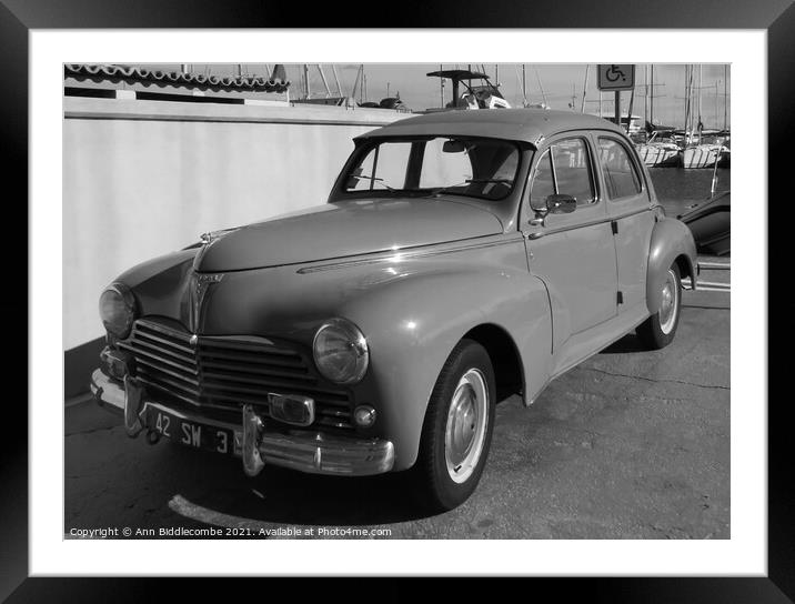Peugeot 203 side view in monochrome Framed Mounted Print by Ann Biddlecombe