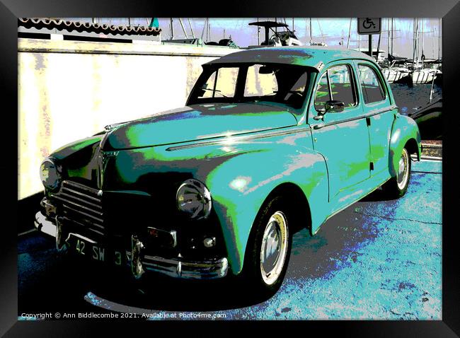 Posterized Peugeot 203 side view  Framed Print by Ann Biddlecombe
