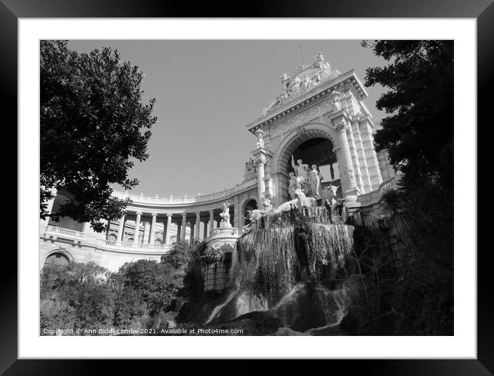 Waterfall at Palais Longchamp in black and white Framed Mounted Print by Ann Biddlecombe