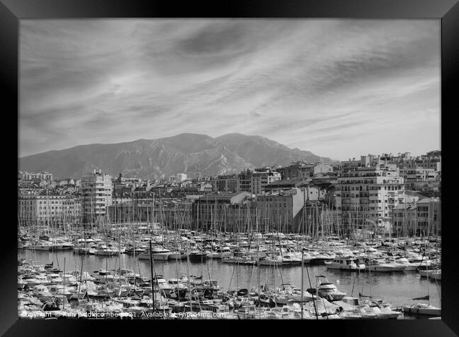 Red sky in Marseille harbor in monochrome Framed Print by Ann Biddlecombe