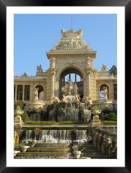 Waterfall at Palais Longchamp from the front Framed Mounted Print by Ann Biddlecombe
