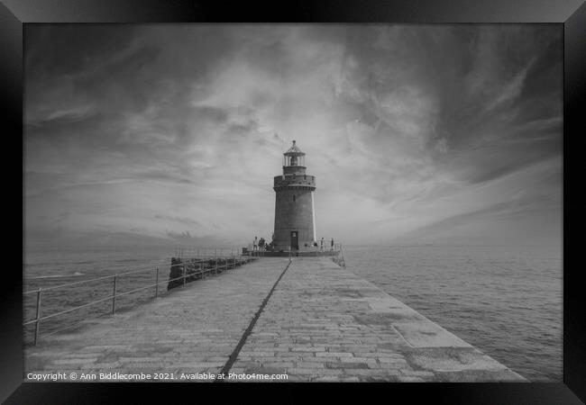 Guernsey Lighthouse in black and white Framed Print by Ann Biddlecombe