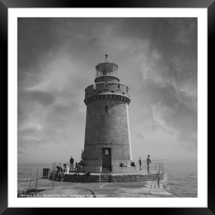 Close up of Guernsey Lighthouse in black and white Framed Mounted Print by Ann Biddlecombe