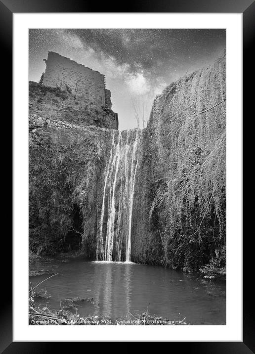 Waterfall at Saint-Guilhem-le-Désert in black and white Framed Mounted Print by Ann Biddlecombe