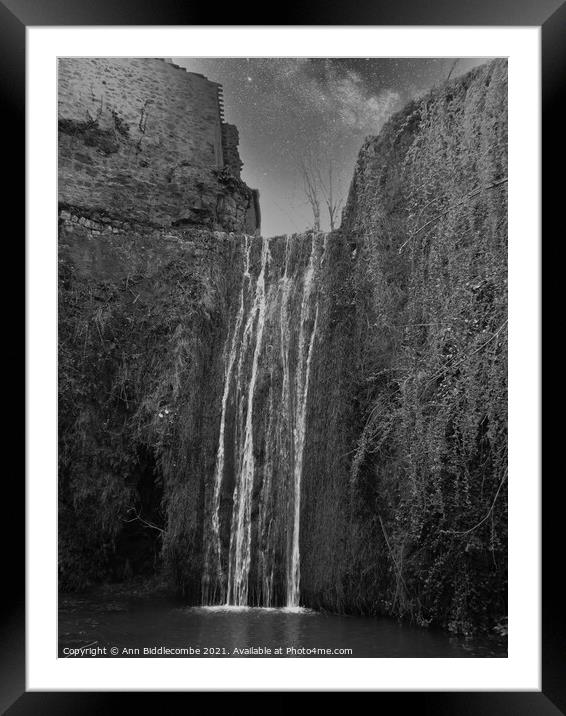 A Waterfall at Saint-Guilhem-le-Désert in black and white Framed Mounted Print by Ann Biddlecombe