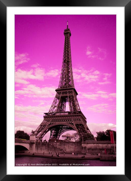 Eiffel Tower Paris France in pink Framed Mounted Print by Ann Biddlecombe