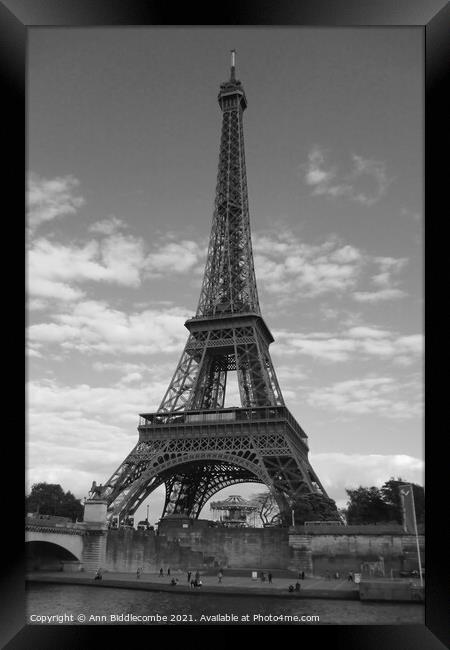 Eiffel Tower Paris France in monochrome Framed Print by Ann Biddlecombe