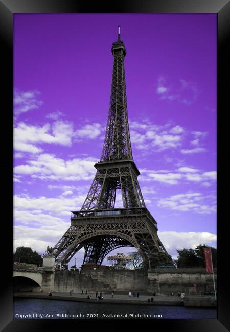 Eiffel Tower Paris, France in purple				 Framed Print by Ann Biddlecombe