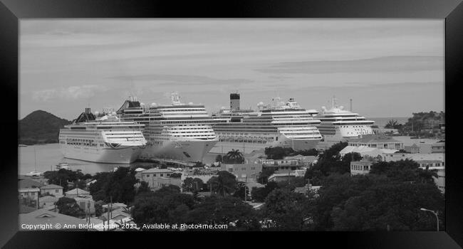 Cruise ships in Antigua in black and white Framed Print by Ann Biddlecombe