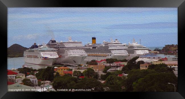 Cruise ships in Antigua with oil paint effect Framed Print by Ann Biddlecombe