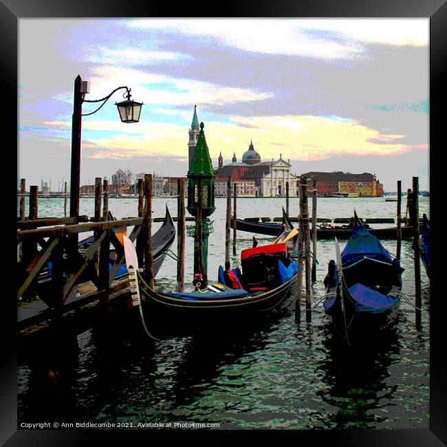 Gondolas on the lagoon in Venice Framed Print by Ann Biddlecombe