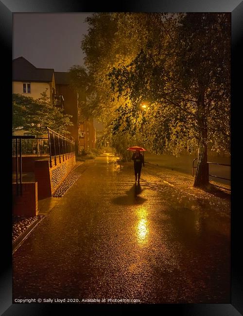 Rainy Night Red Umbrella  Framed Print by Sally Lloyd