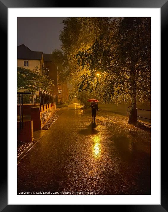 Rainy Night Red Umbrella  Framed Mounted Print by Sally Lloyd