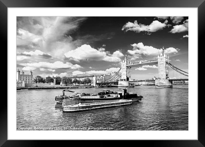 Tower Bridge and the boats in London in black and  Framed Mounted Print by Malgorzata Larys