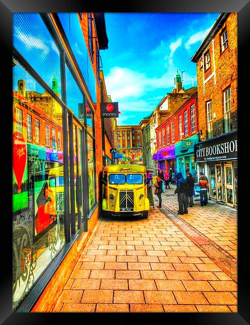 City Centre Yellow Van Framed Print by Chris Burch