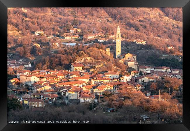 Afternoon sunlight over the village town and church of Chiaverano Framed Print by Fabrizio Malisan