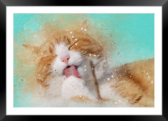 Digitally painted cat with grunge and splatters Framed Mounted Print by Tanya Hall