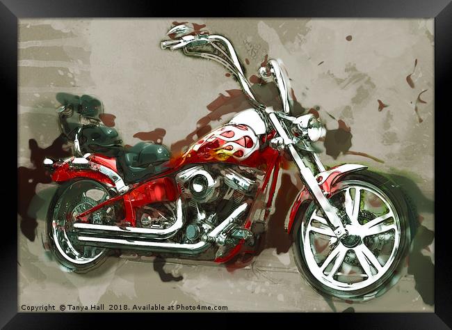 Red Chopper Motorbike, Watercolour oil grunge Prin Framed Print by Tanya Hall