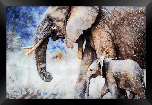 Elephant and Calf, Print Framed Print by Tanya Hall