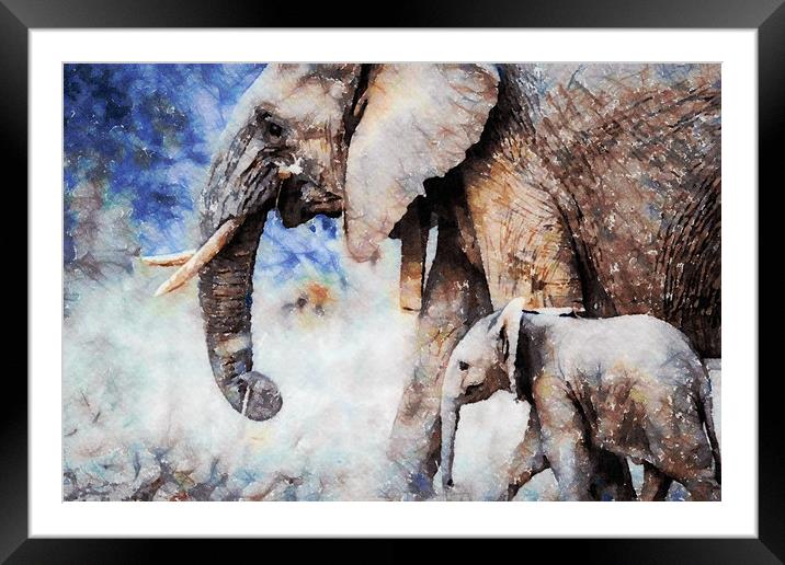 Elephant and Calf, Print Framed Mounted Print by Tanya Hall