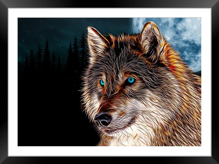 Fractal flame wolf head with moon behind, digital  Framed Mounted Print by Tanya Hall