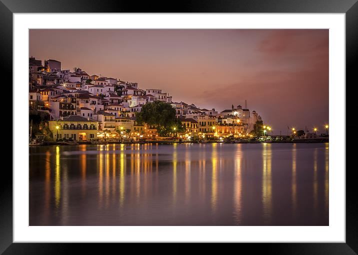 Skopelos Harbour by Night Framed Mounted Print by David Bradbury