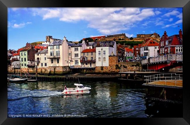 Heading under Whitby Bridge Framed Print by ROS RIDLEY