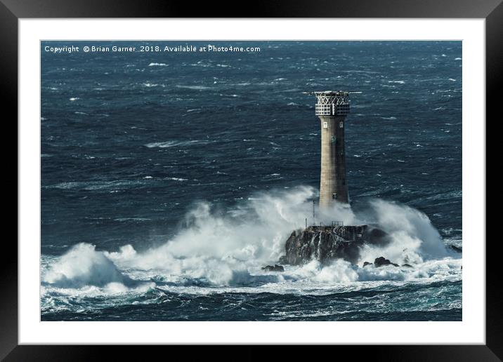 Longships Lighthouse in Rough Sea Framed Mounted Print by Brian Garner