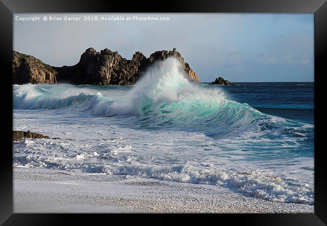 Waves on Porthcurno Beach Framed Print by Brian Garner