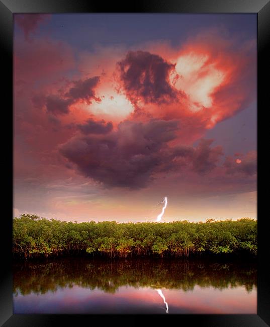  Mangrove Storm with lightning reflected. Framed Print by Mal Bray