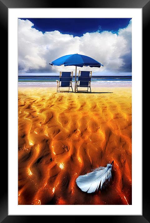  Deckchairs and Parasol on a Beach Framed Mounted Print by Mal Bray